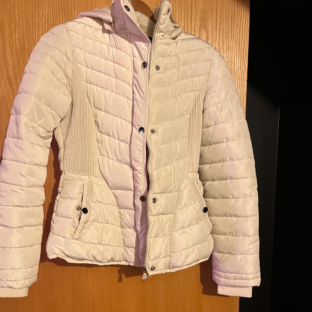 Cream fitted puff coat/ very slim fit / size small/ worn once/ true to size
